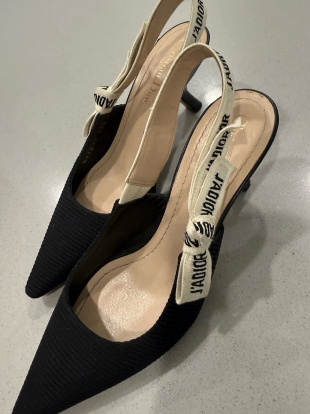 Dior Black Pointed Toe Slingback Heels with J'Adior Ribbon